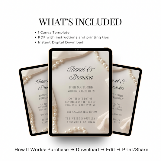 Minimal Pearl Wedding Invitation Template | Modern Elegant Bridal Suite | Editable Canva Invitation
