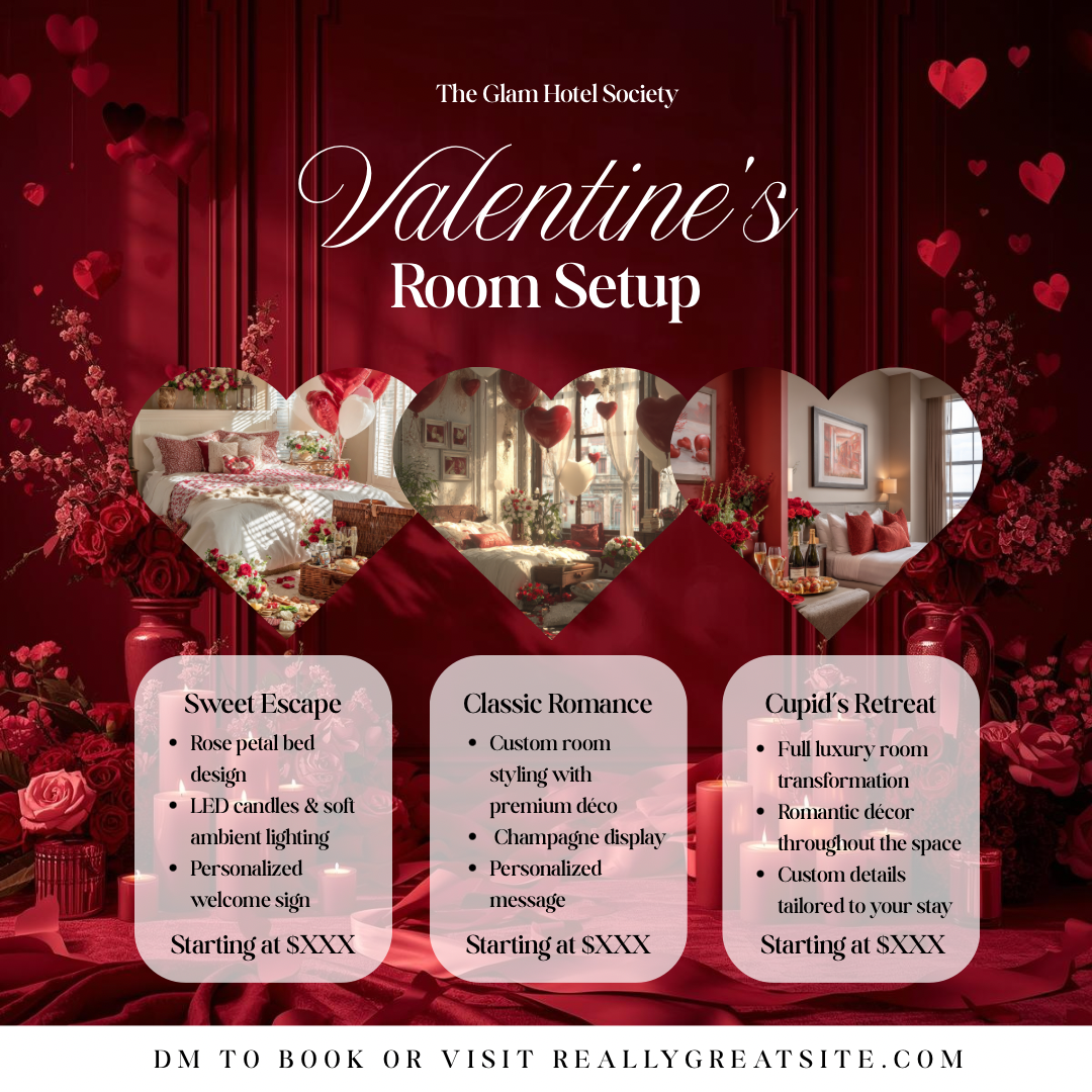 Valentine’s Room Setup Canva Template | Cupid’s Retreat Luxury Hotel Decor Flyer | Valentine’s Day Room Styling Promo | Editable Design