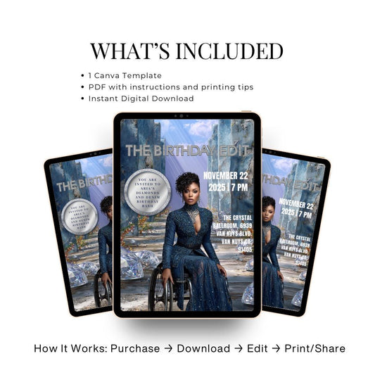 Diamonds and Denim Birthday Invitation | Magazine Style, Glam Party (Digital)