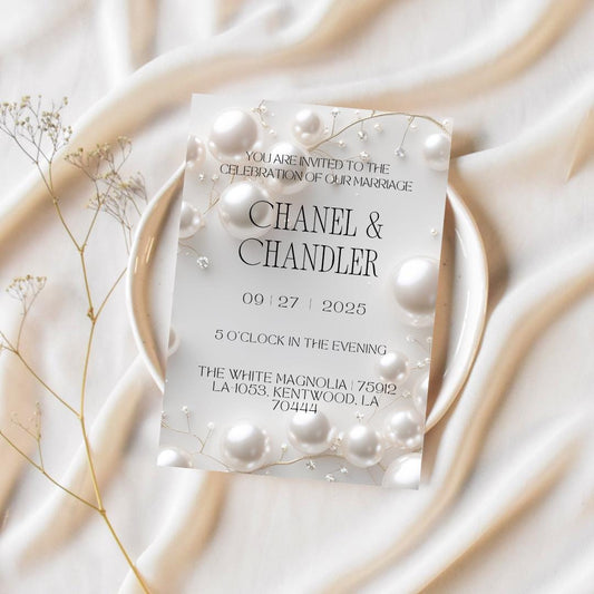 Editable Pearl Wedding Invitation Template | Elegant Modern Bridal Invite | White & Ivory Luxe Canva Design | Instant Download