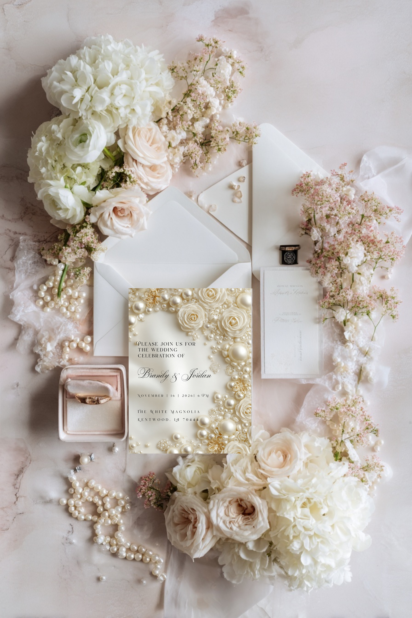 Floral Pearl Wedding Invitation Template | Luxury Glamorous Bridal Invite | Editable Canva Stationery