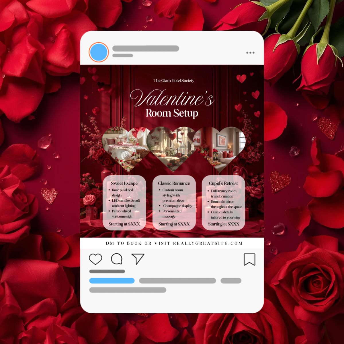 Valentine’s Room Setup Flyer | Velvet Luxe Room Decor Price List |Editable Canva Template for Service Packages