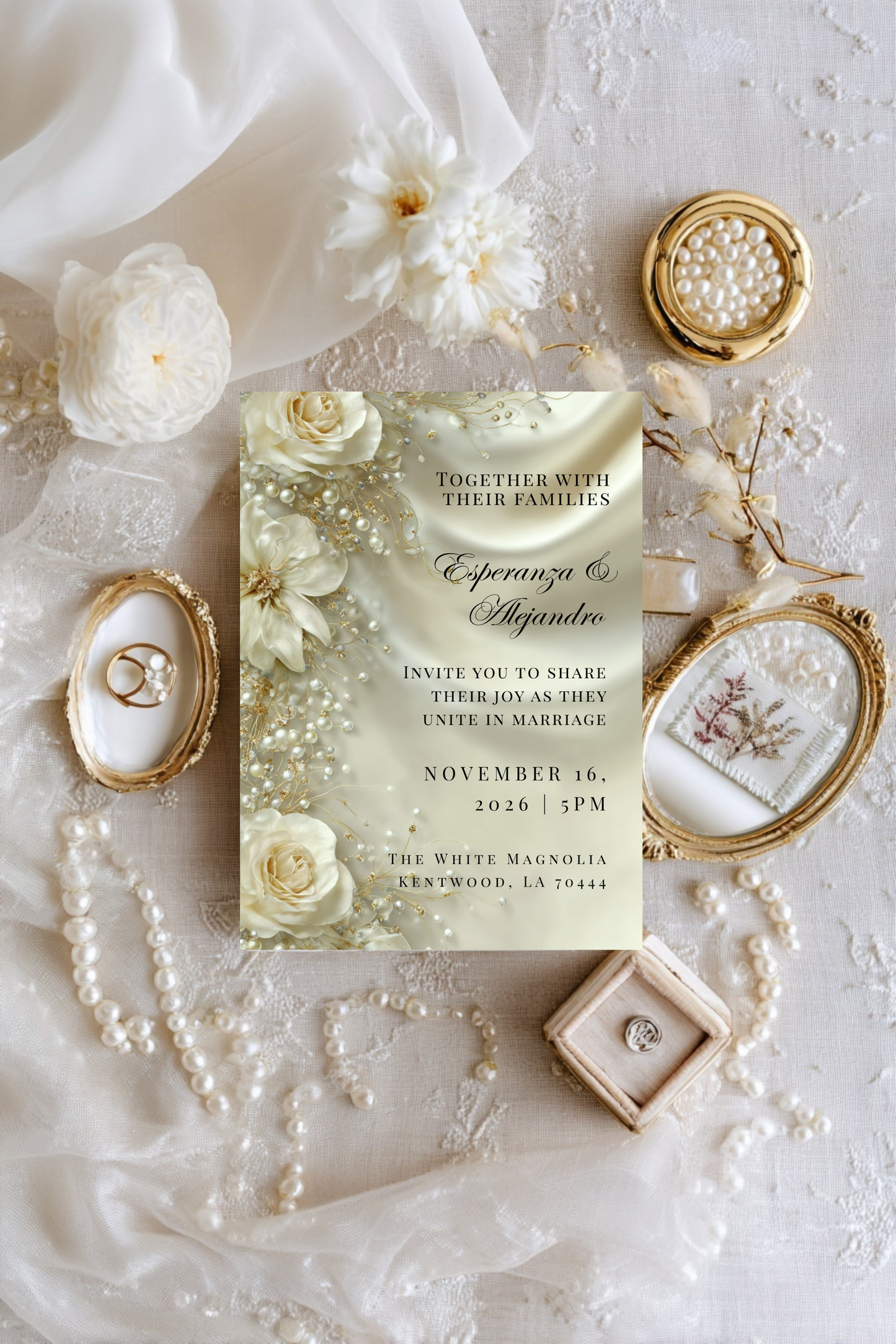 Luxury Satin & Pearl Wedding Invitation | Glamorous Bridal Invitation Template | Editable Canva Design