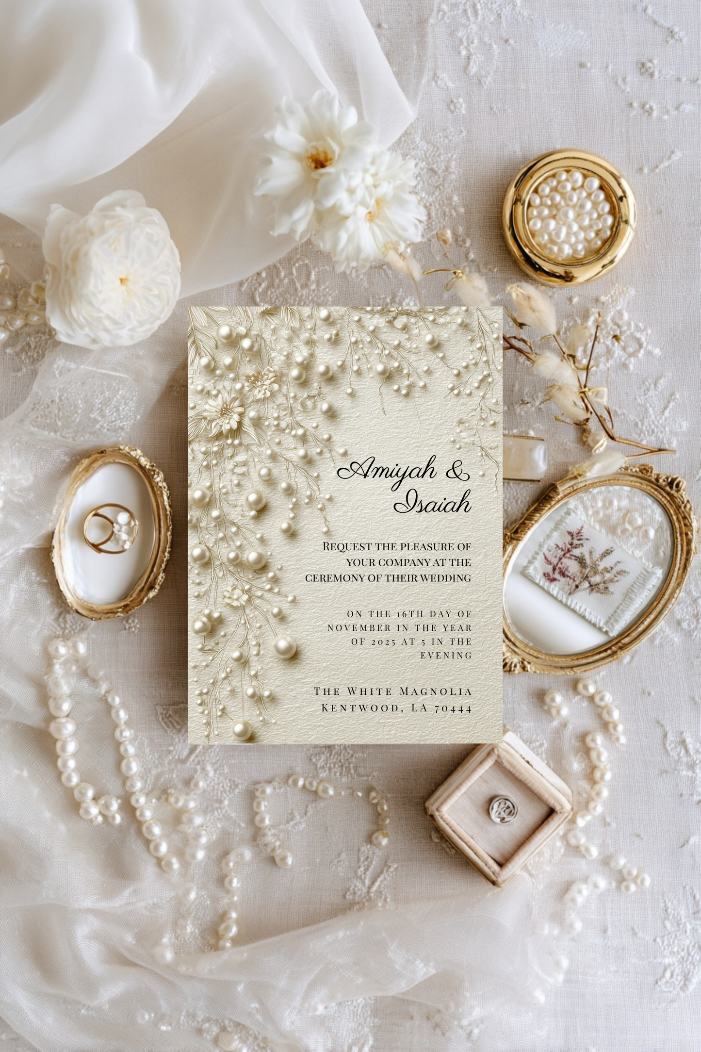 Pearl & Lace Wedding Invitation Template | Vintage Romantic Bridal Invite | Editable Canva Stationery