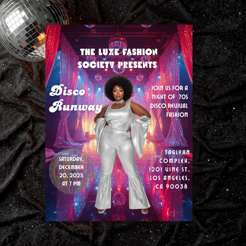 Disco Runway Flyer Canva Template | 70s Fashion Show Invitation | Retro Disco Party Flyer | Editable Event Flyer for Runway & Boutique Shows