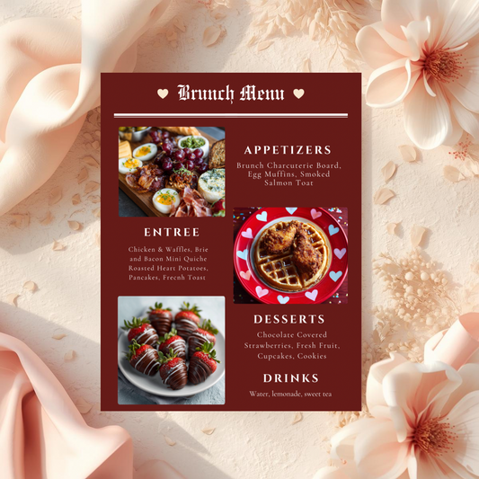 Galentine’s Brunch Menu Template | Luxury Editorial Newspaper Style Menu | Valentine Brunch, Bridal Shower | Canva