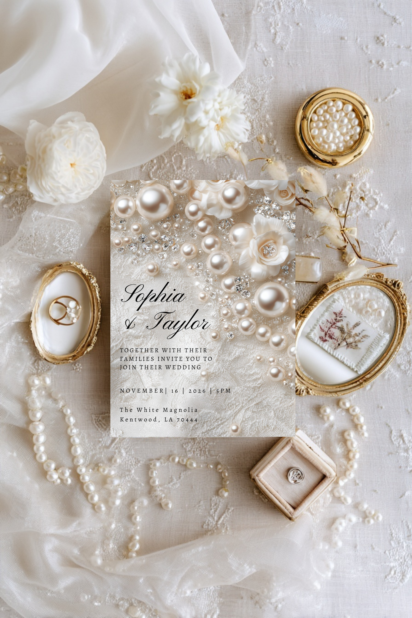 Romantic Pearl Wedding Invitation | Whimsical Elegant Wedding Template | Canva Editable Invite