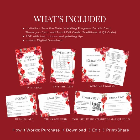 Red Rose Wedding Invitation Suite Template | Romantic Floral Wedding Suite | Editable Canva Wedding Invitations | Printable Invite Set