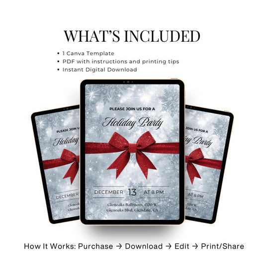 Classic Holiday Party Invitation | Red Bow & Snowflakes Canva Template