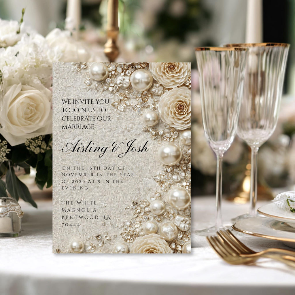 Ivory pearl wedding invitation card on table with champagne flute and florals