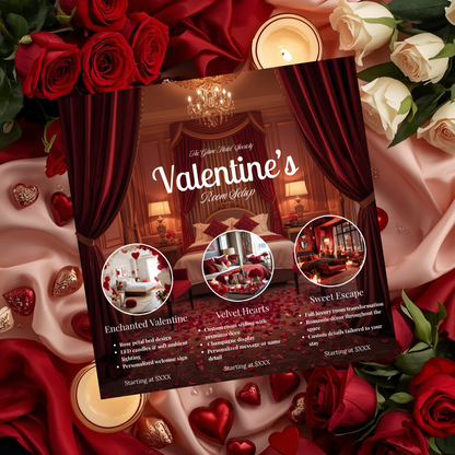 Valentine’s Room Setup Flyer | Velvet Luxe Room Decor Price List |Editable Canva Template for Service Packages