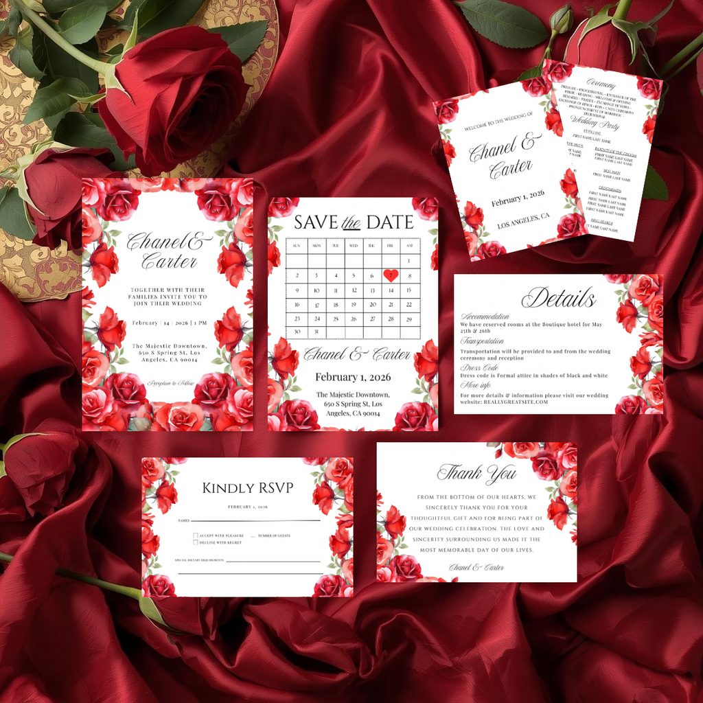 Red Rose Wedding Invitation Suite Template | Romantic Floral Wedding Suite | Editable Canva Wedding Invitations | Printable Invite Set
