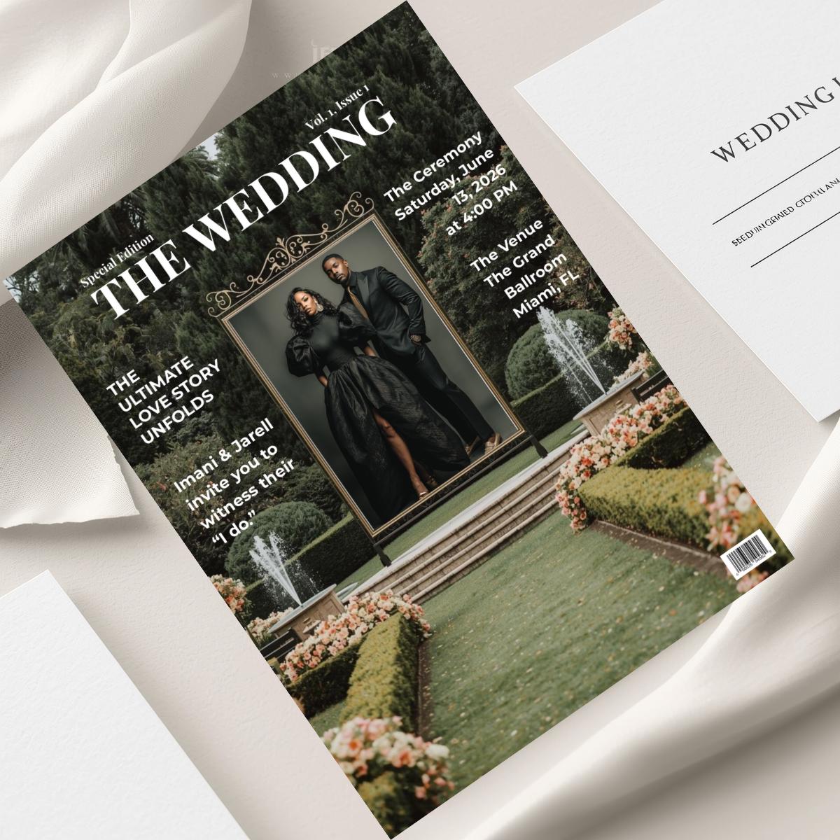Wedding invitation template card, dark green cover with couple portrait and event details