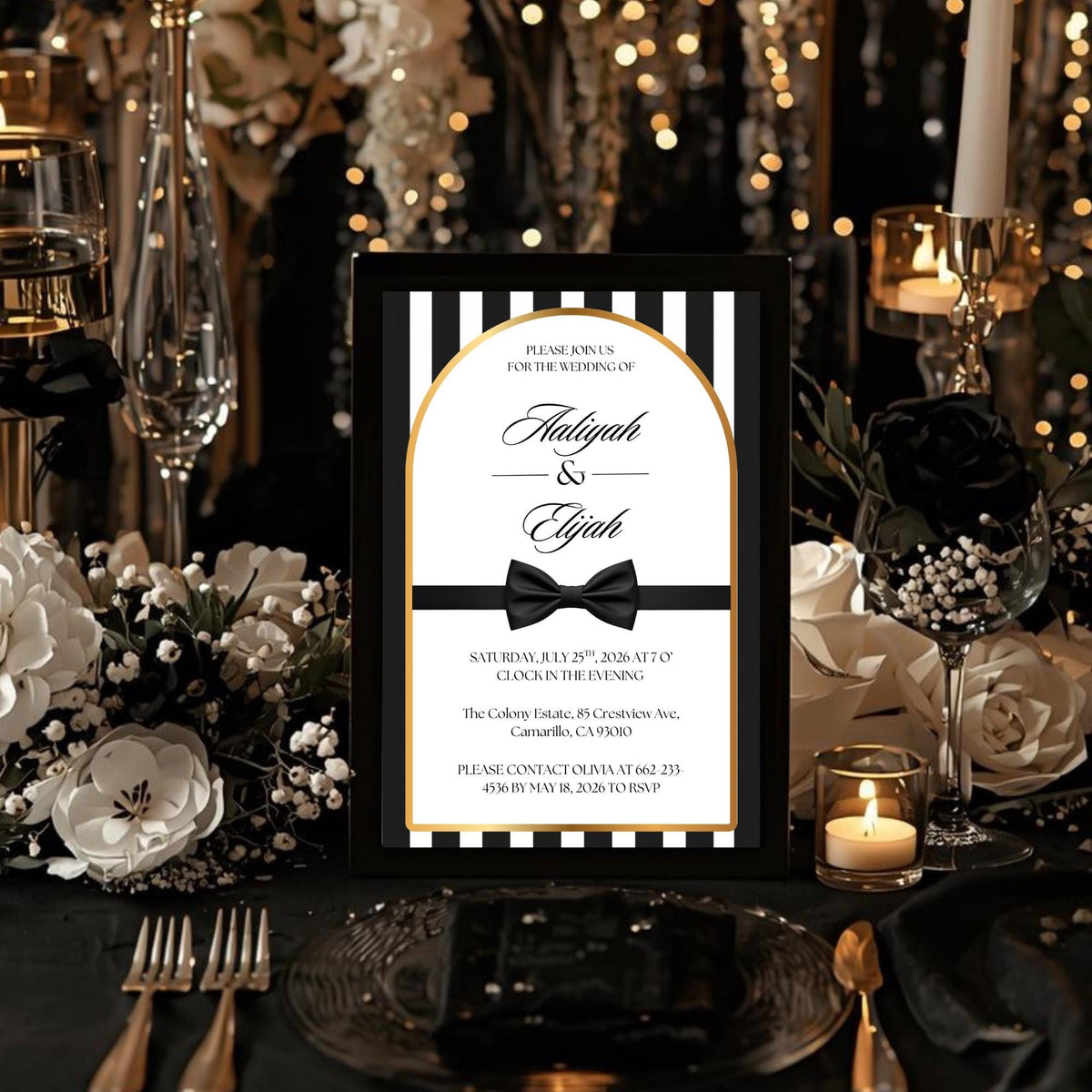 Framed wedding invitation template card with gold border, striped design, and black bow