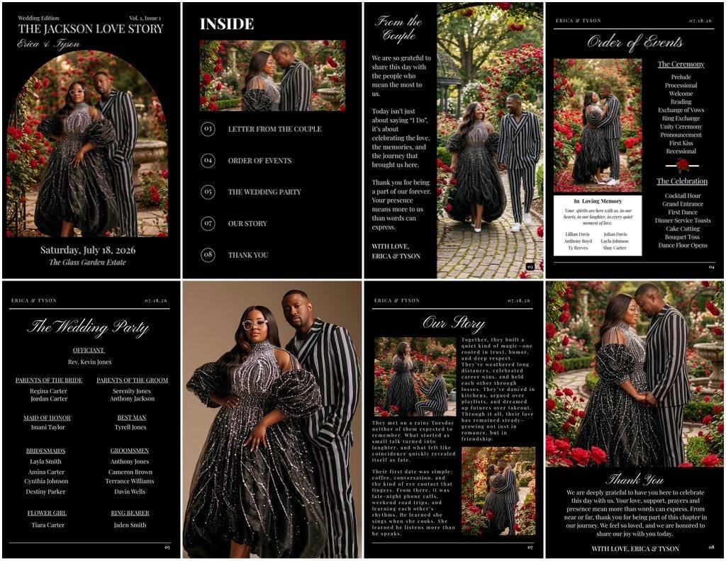 Multi-page preview of a black wedding magazine program template with couple photos