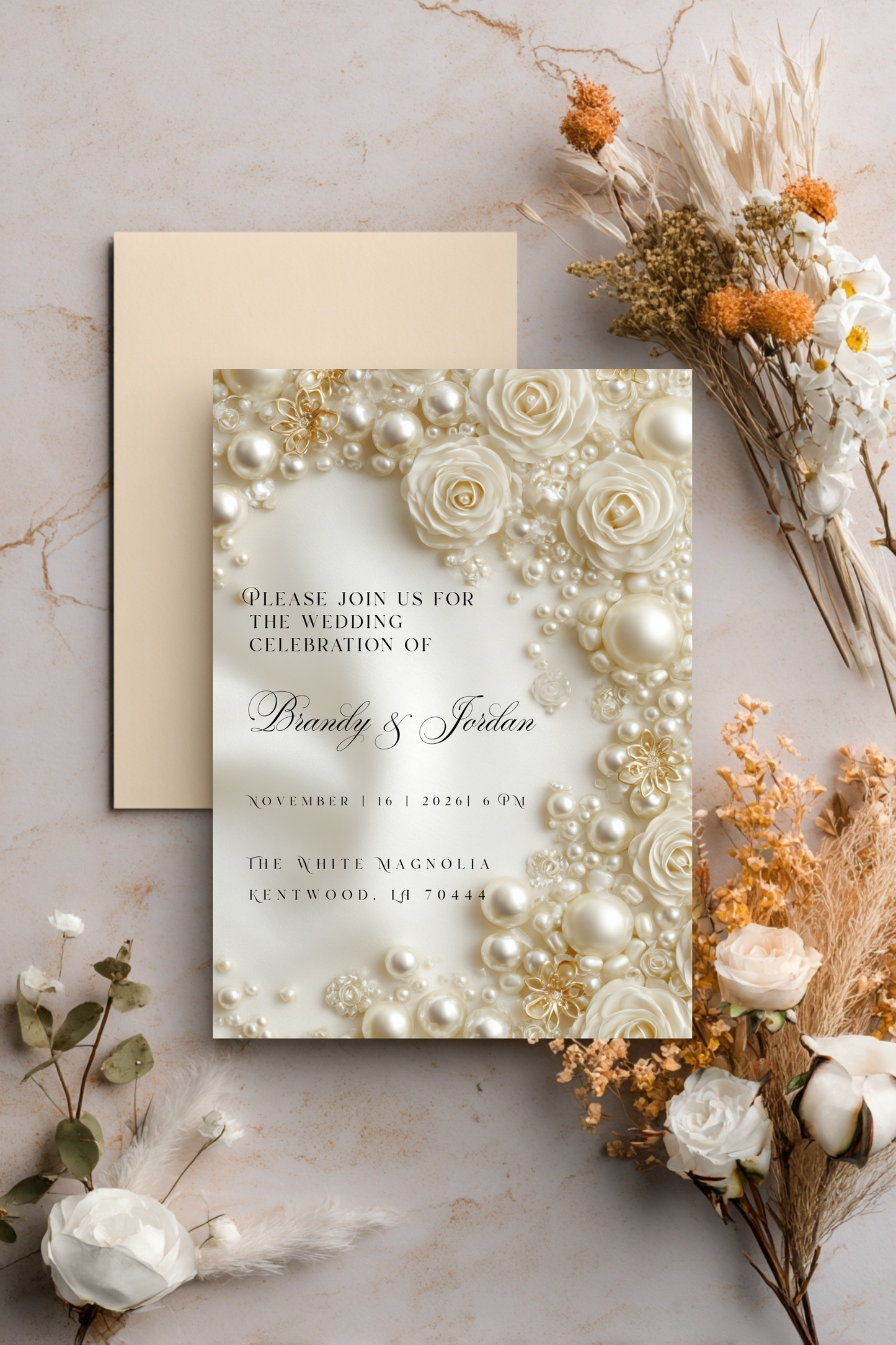 Floral Pearl Wedding Invitation Template | Luxury Glamorous Bridal Invite | Editable Canva Stationery