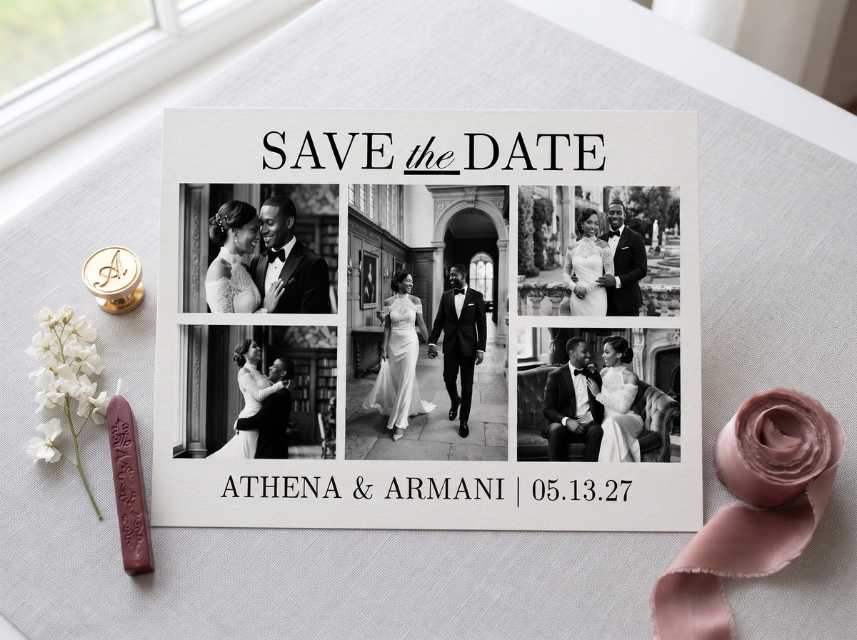 White Save the Date photo card with black-and-white photo collage and names/date