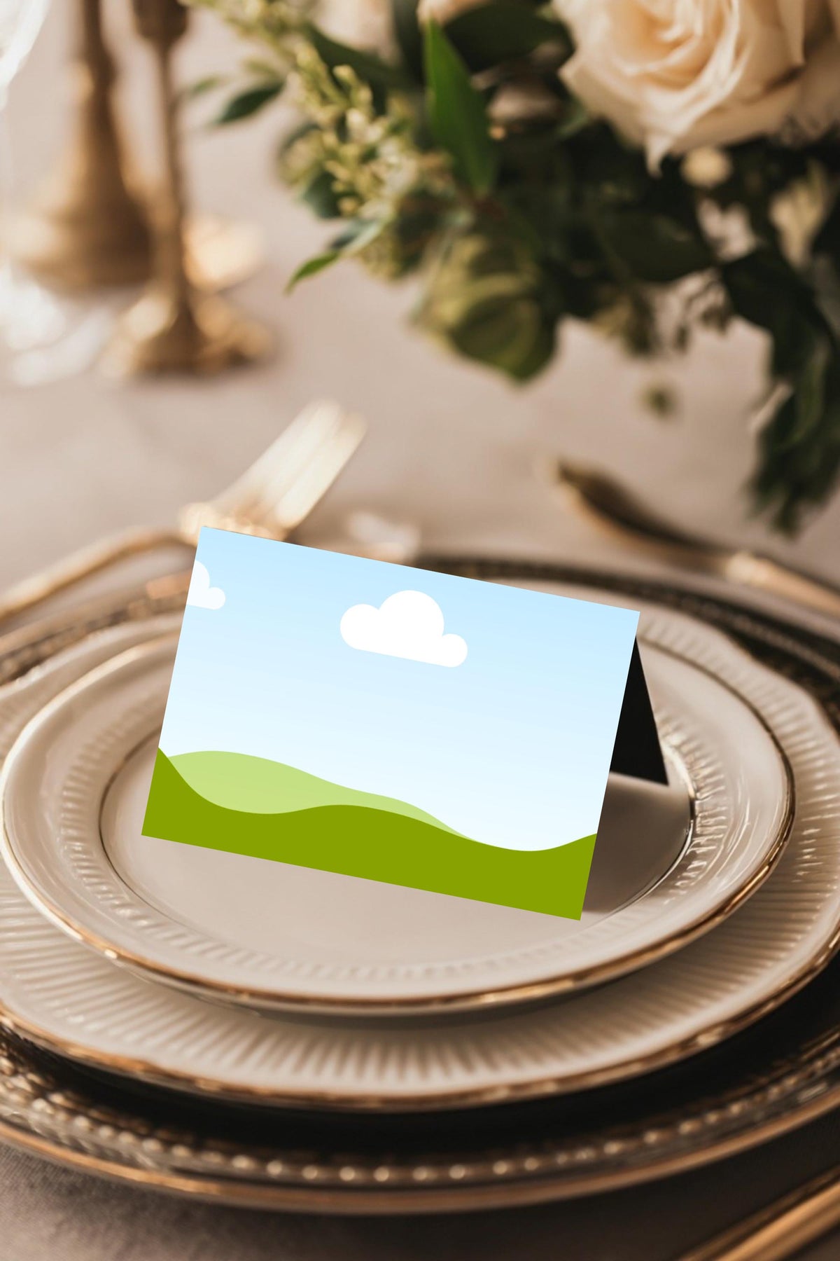 Wedding place card mockup on plate with blue-sky landscape and white cloud