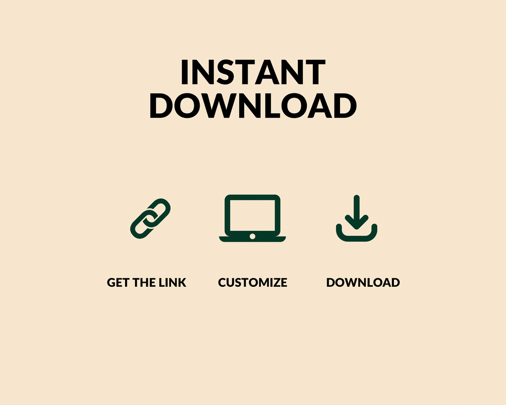Wedding program digital download screen with instant download, customize, and download icons