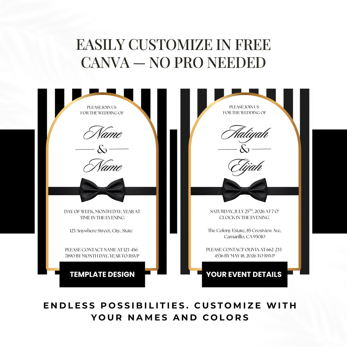 Two editable wedding invitation template cards with gold border and black bow accents