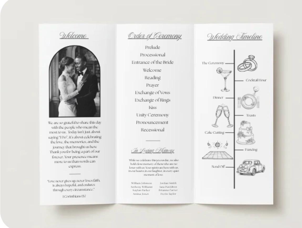 Tri-fold wedding program template, open spread with three panels and ceremony icons