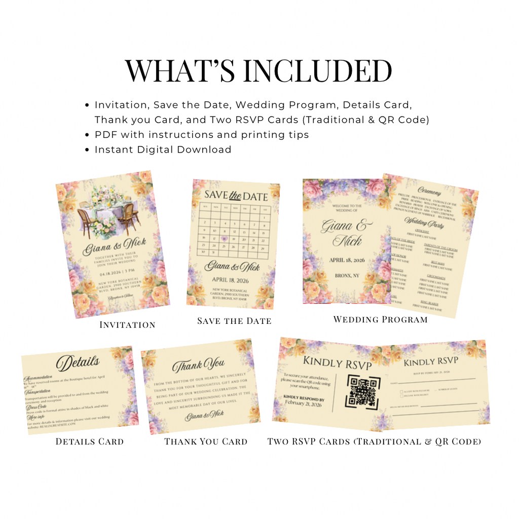 Romantic Floral Wedding Invitation Suite Canva Template | Editable Save the Date, RSVP, Details, Thank You
