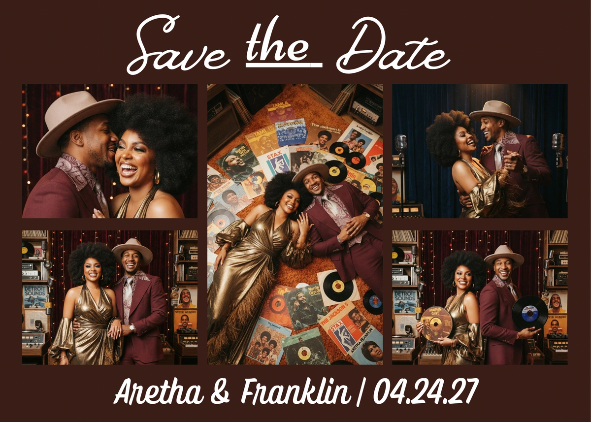 Save the Date card template with photo collage, “Save the Date” header, and couple/date text