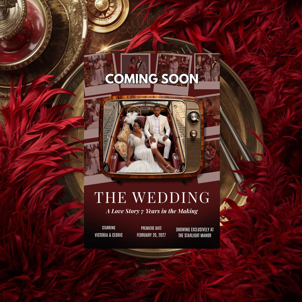 Cinematic wedding movie poster template with couple in a vintage TV-style photo frame