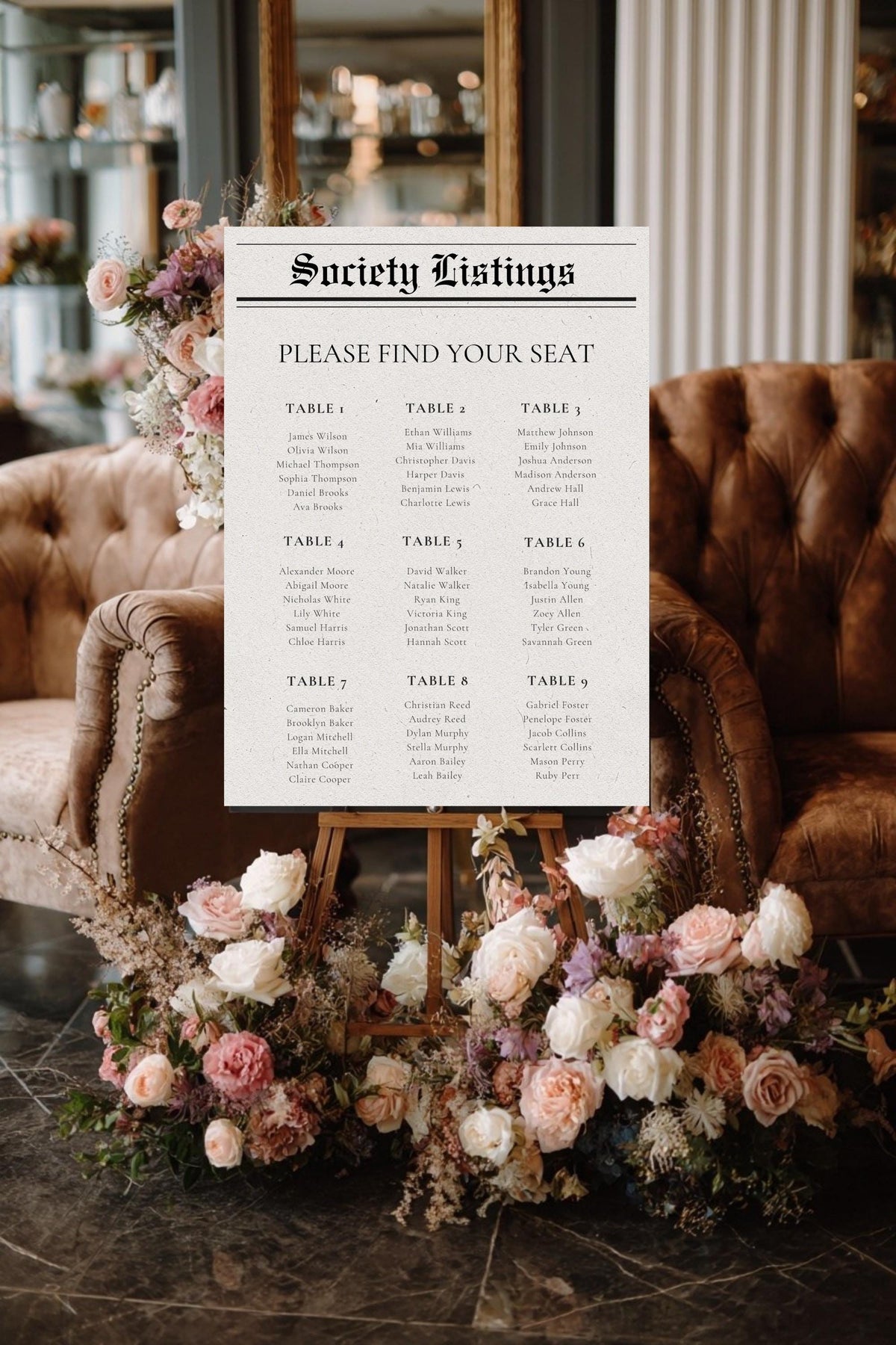 Vintage newspaper-style wedding seating chart on easel with table list layout