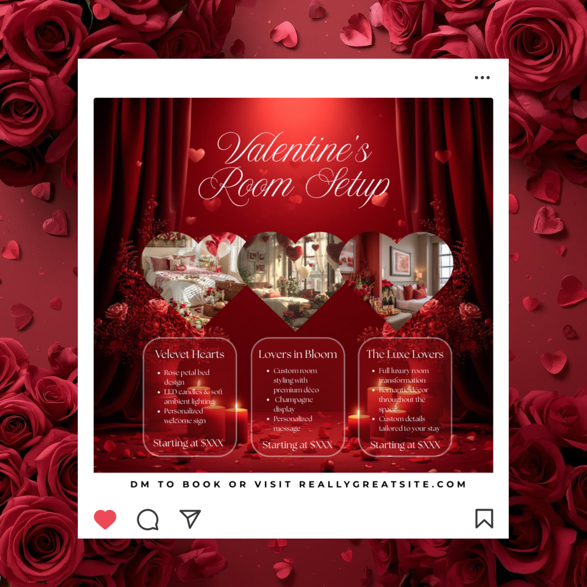 Valentine’s Room Setup Canva Template | Velvet Hearts Romantic Hotel Flyer | Luxury Valentine’s Room Decor Promo | Editable Canva Design