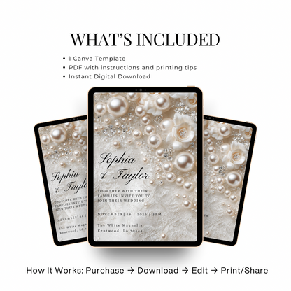 Romantic Pearl Wedding Invitation | Whimsical Elegant Wedding Template | Canva Editable Invite