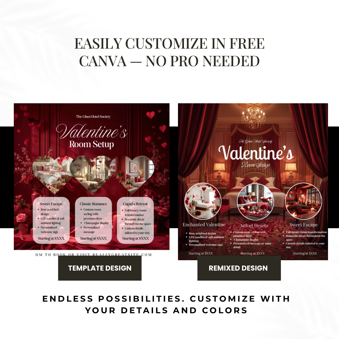 Valentine’s Room Setup Canva Template | Cupid’s Retreat Luxury Hotel Decor Flyer | Valentine’s Day Room Styling Promo | Editable Design