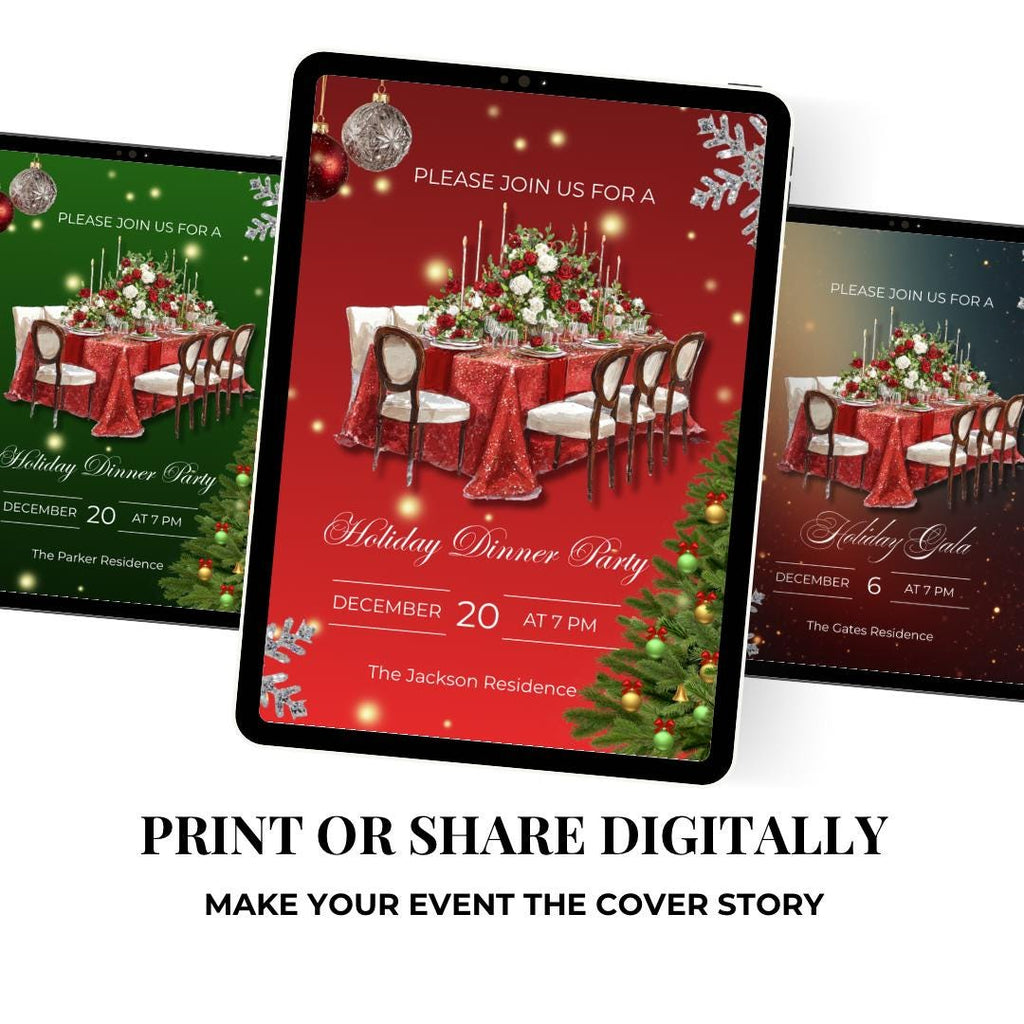 Holiday Dinner Party Invitation | Glam Christmas Dinner Invite | Elegant Red Christmas Party Template (Canva)