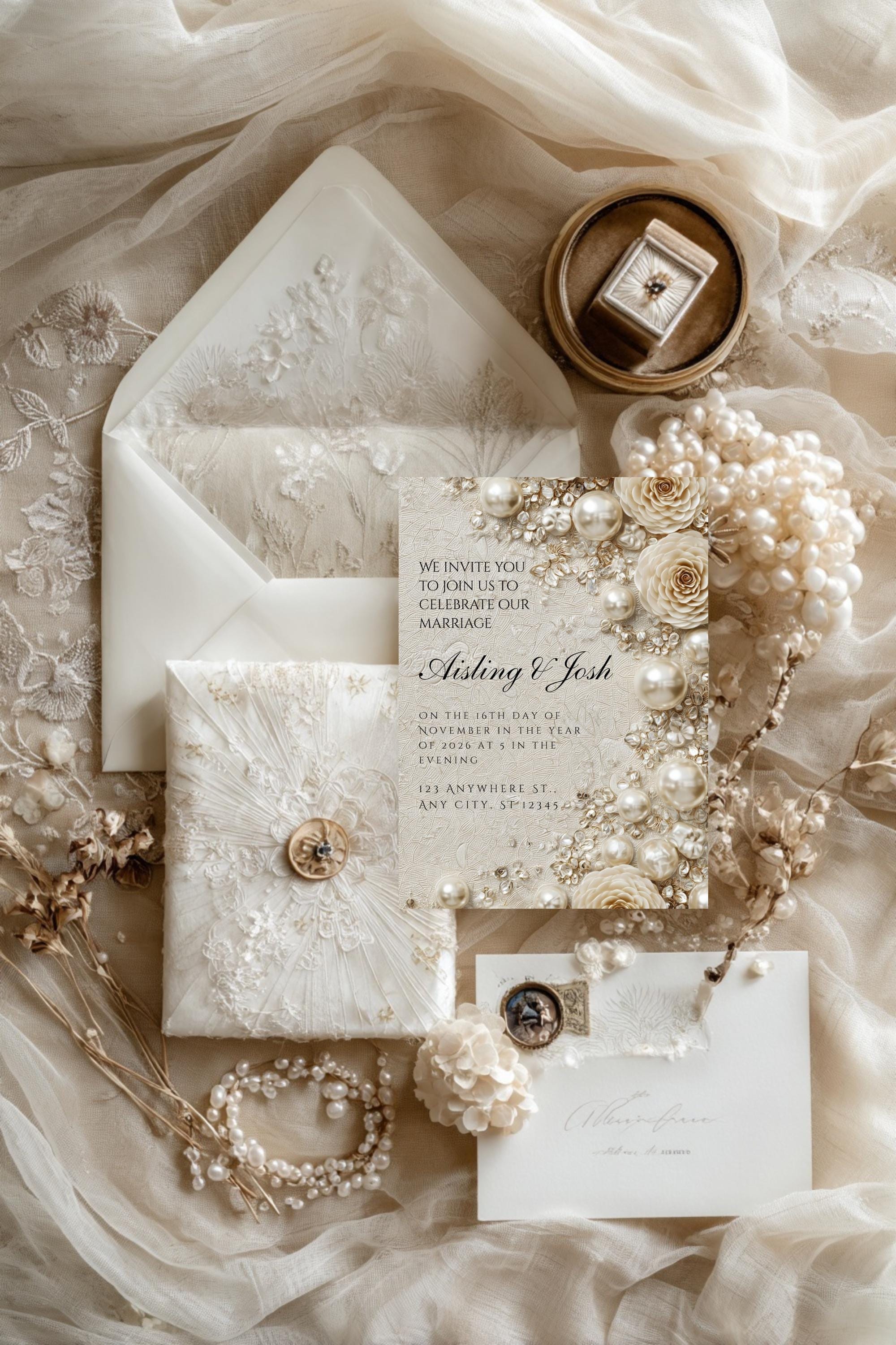 Pearl Wedding Invitation Template | Timeless Romantic Bridal Invitation | Editable Canva Design