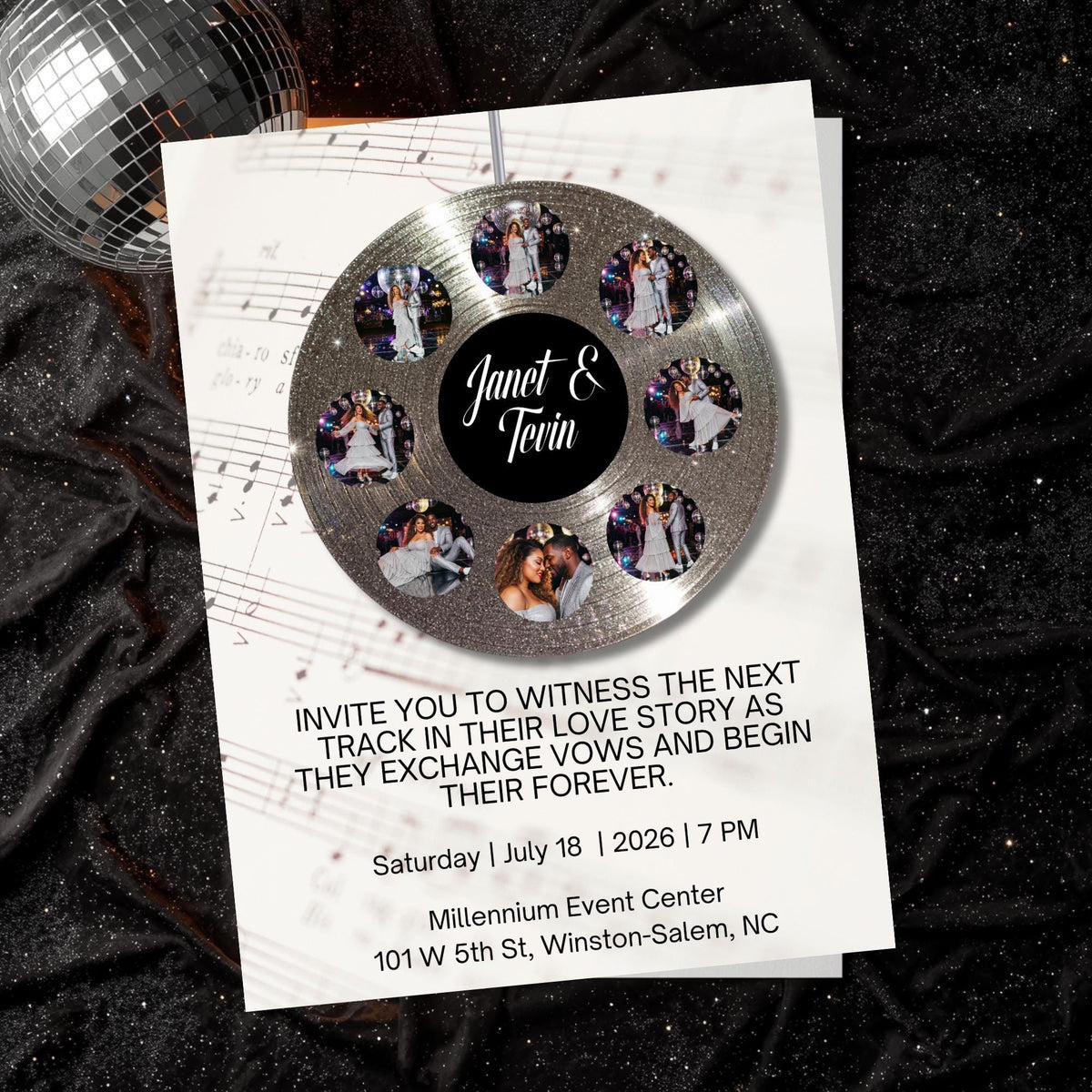 Wedding invitation template with silver vinyl-style circle and couple photos