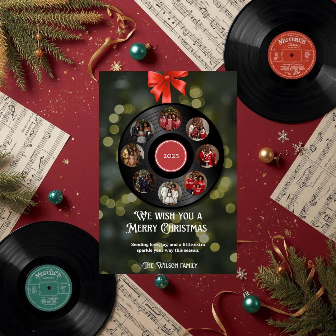Christmas card template with vinyl record wreath design, 2025, red bow and text.