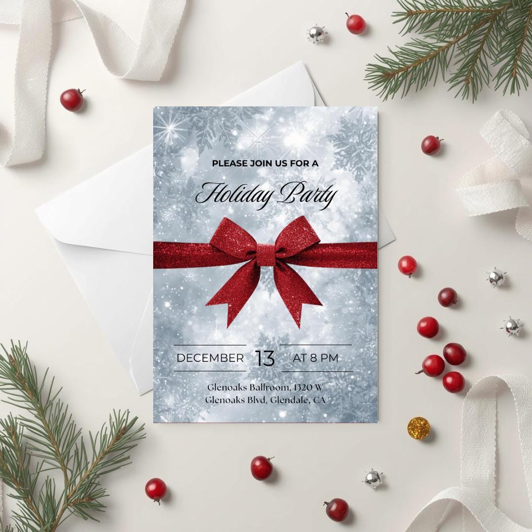 Classic Holiday Party Invitation | Red Bow & Snowflakes Canva Template