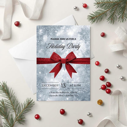 Classic Holiday Party Invitation | Red Bow & Snowflakes Canva Template