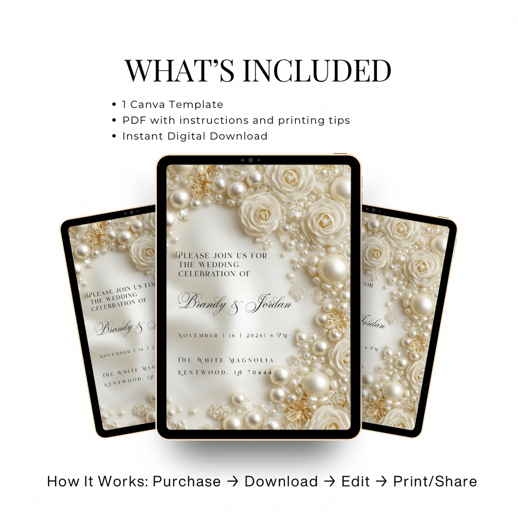Floral Pearl Wedding Invitation Template | Luxury Glamorous Bridal Invite | Editable Canva Stationery