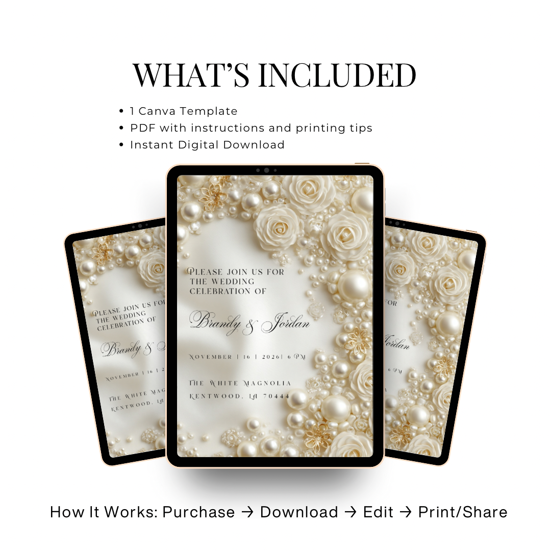 Floral Pearl Wedding Invitation Template | Luxury Glamorous Bridal Invite | Editable Canva Stationery