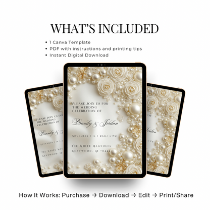 Floral Pearl Wedding Invitation Template | Luxury Glamorous Bridal Invite | Editable Canva Stationery
