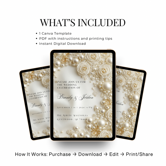 Floral Pearl Wedding Invitation Template | Luxury Glamorous Bridal Invite | Editable Canva Stationery