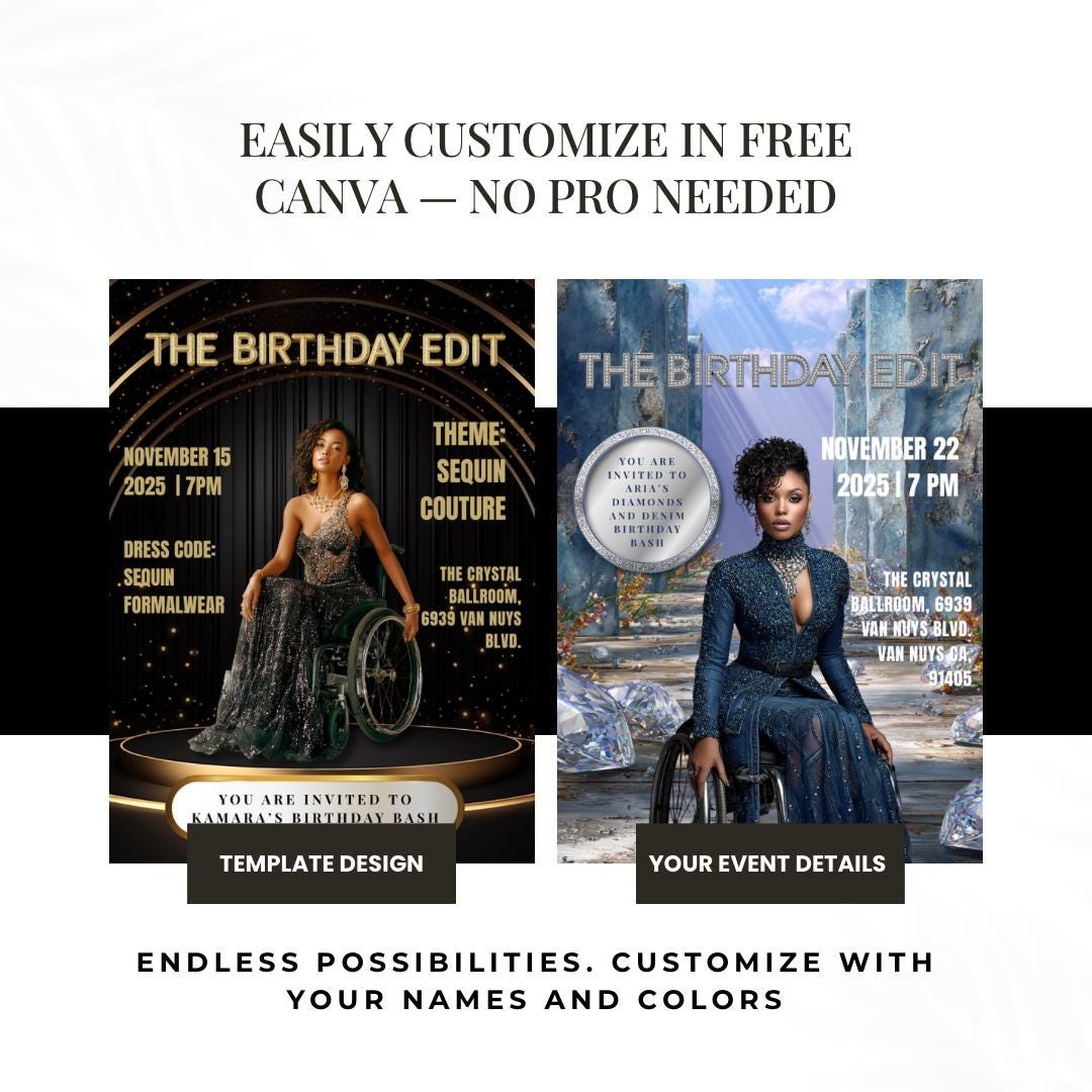 Black & Gold Magazine Birthday Invitation | Glam Party, Sequin Couture (Editable Canva Template)