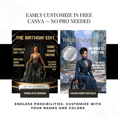 Black & Gold Magazine Birthday Invitation | Glam Party, Sequin Couture (Editable Canva Template)
