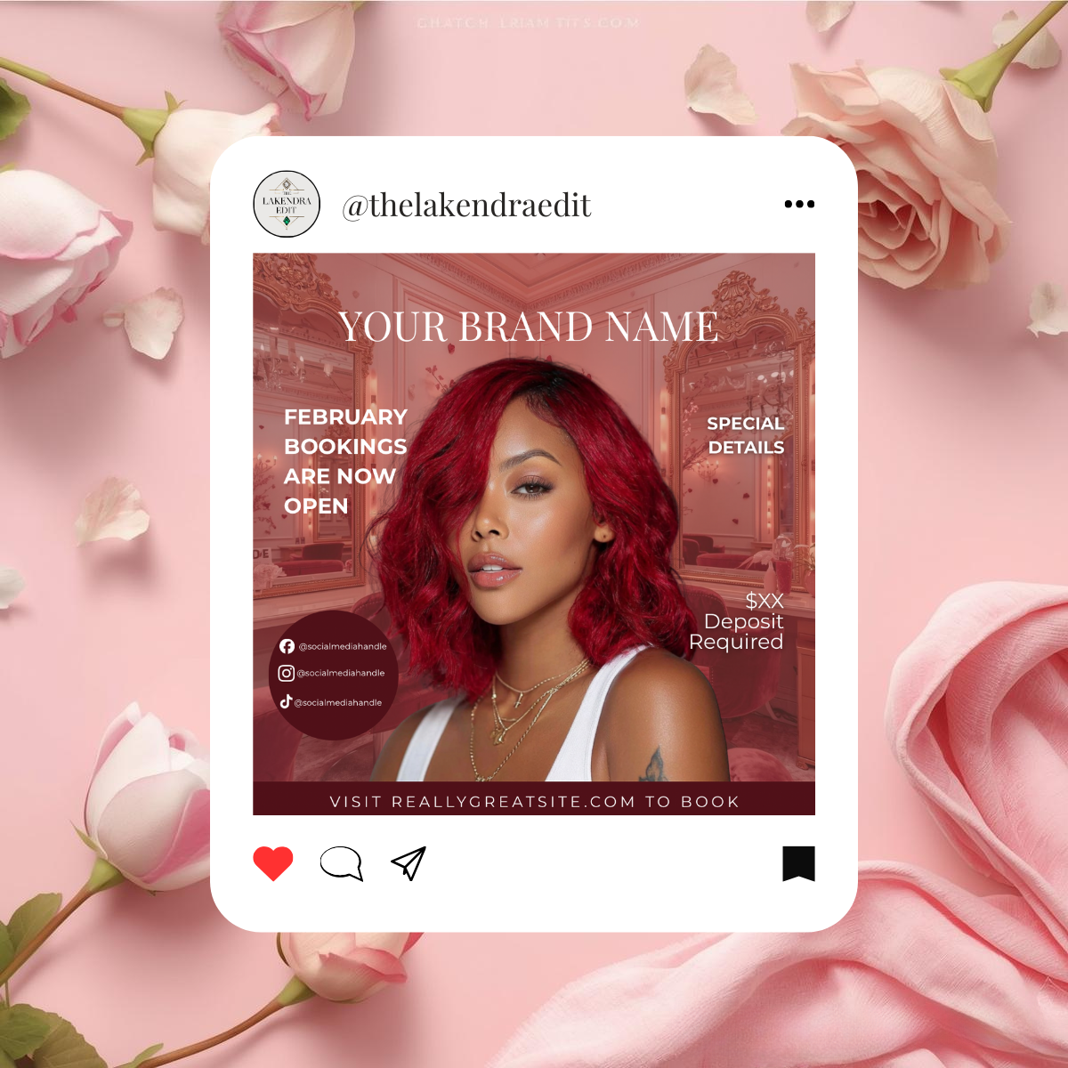 February Bookings Instagram Post | Valentine's Day Hair Stylist Flyer Template | Hair Salon Marketing | Editable Canva Template
