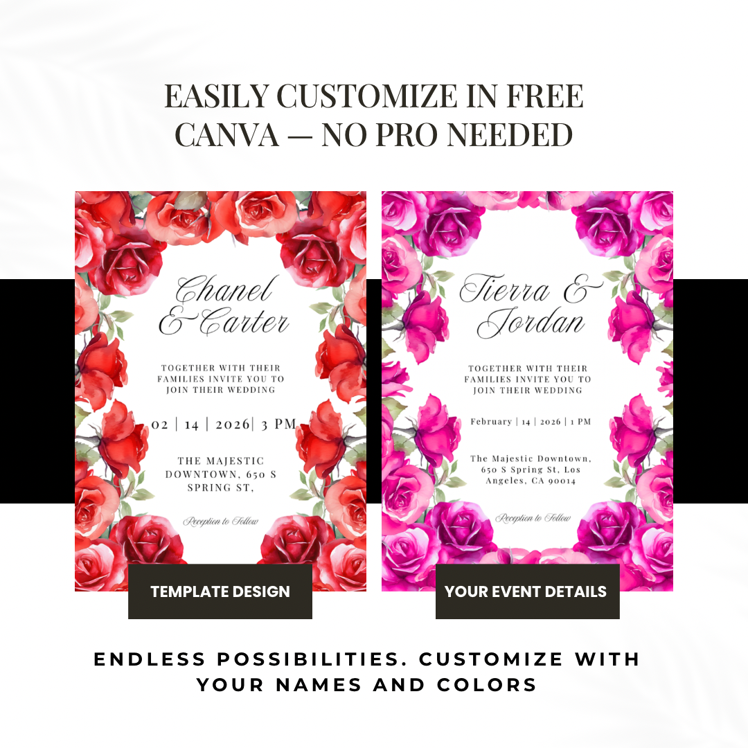 Red Rose Wedding Invitation Template | Romantic Floral Wedding Invitation | Editable Canva Wedding Invitations | Printable Invite Set
