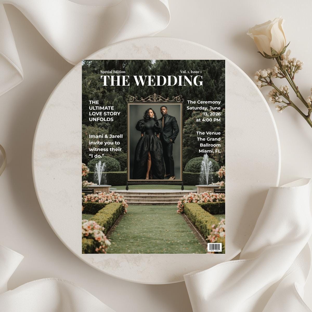 Wedding invitation template, dark green cover with couple photo and event text