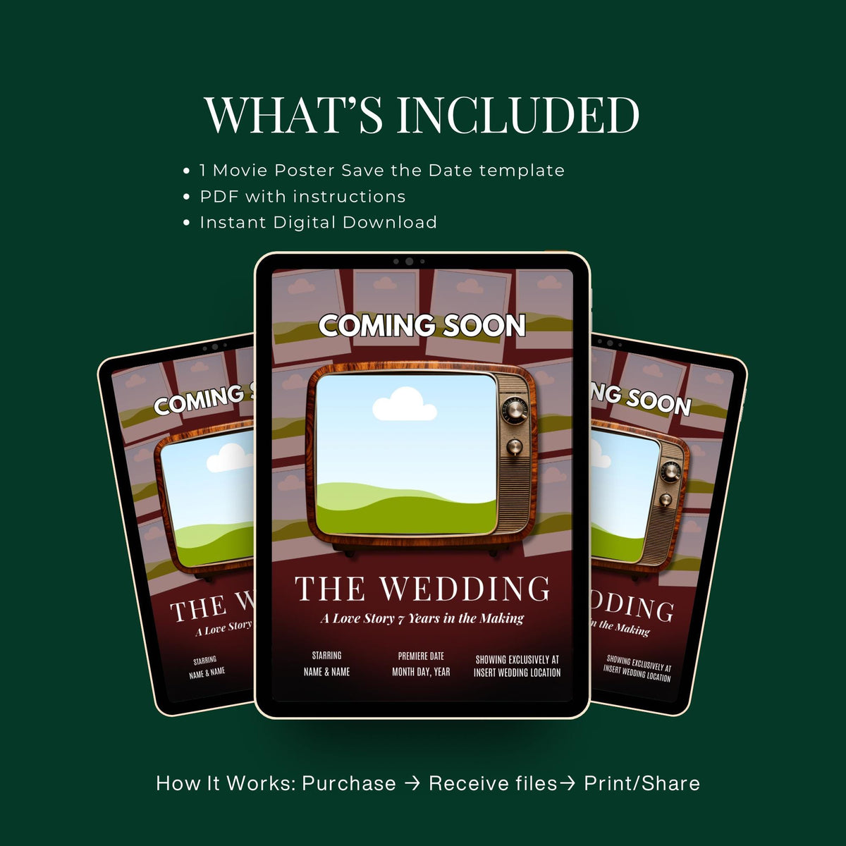 Wedding movie poster template preview set with three card thumbnails and download workflow
