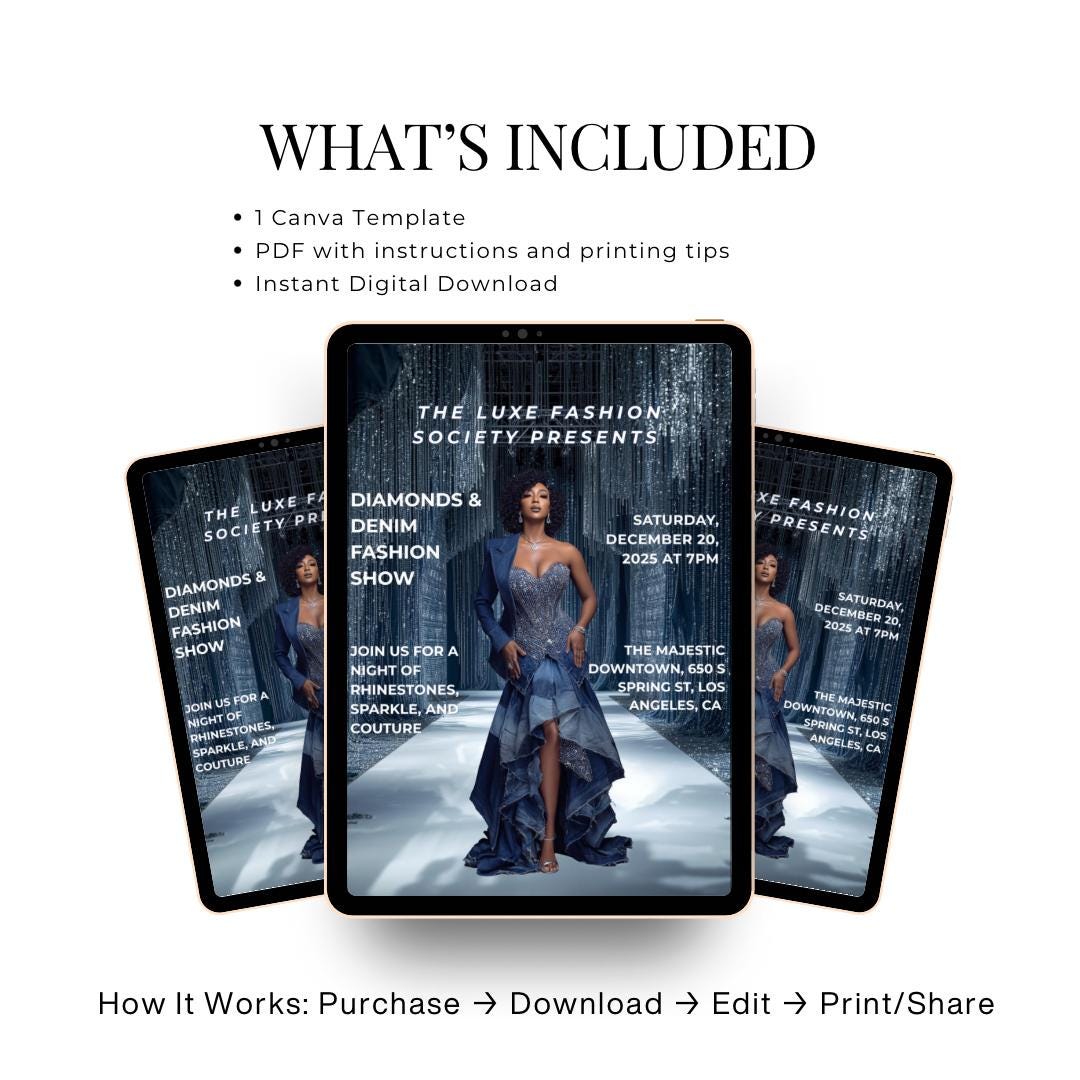 Diamonds & Denim Flyer Canva Template | Luxury Fashion Show Flyer | Editable Party Invite