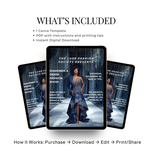 Diamonds & Denim Flyer Canva Template | Luxury Fashion Show Flyer | Editable Party Invite